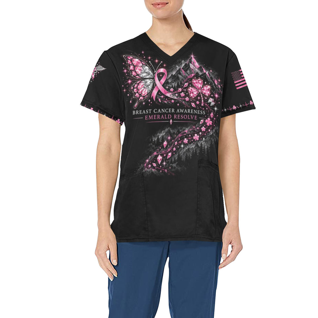 Emerald Resolve — Breast Cancer Awareness St. Patrick's Day All-Over Print Scrub Top