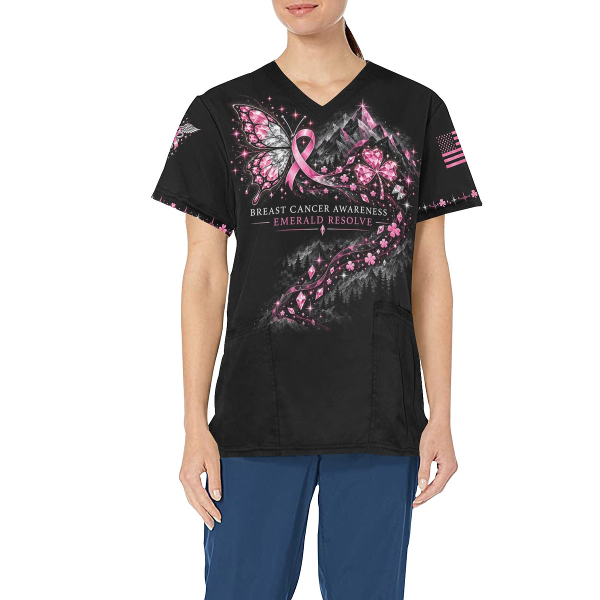 Emerald Resolve — Breast Cancer Awareness St. Patrick's Day All-Over Print Scrub Top
