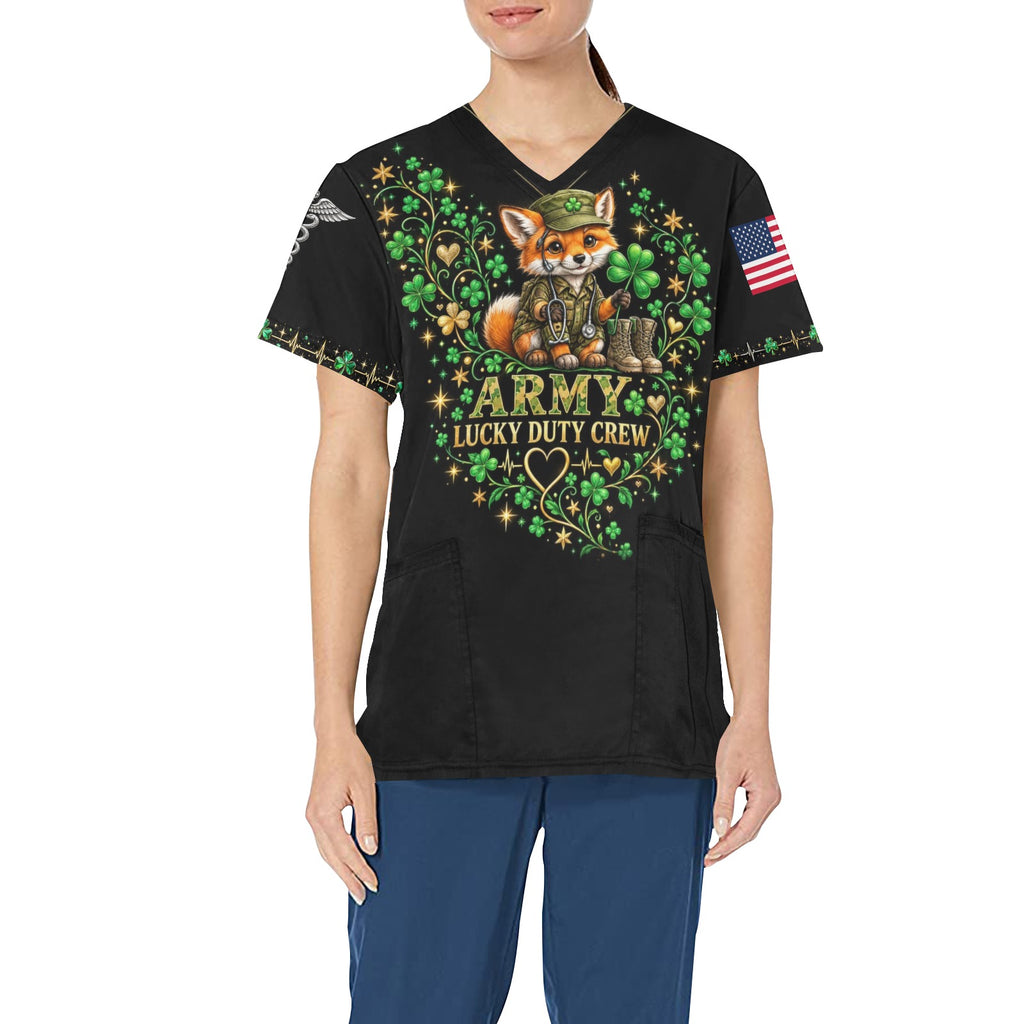 Lucky Duty Crew — Army St. Patrick's Day All-Over Print Scrub Top