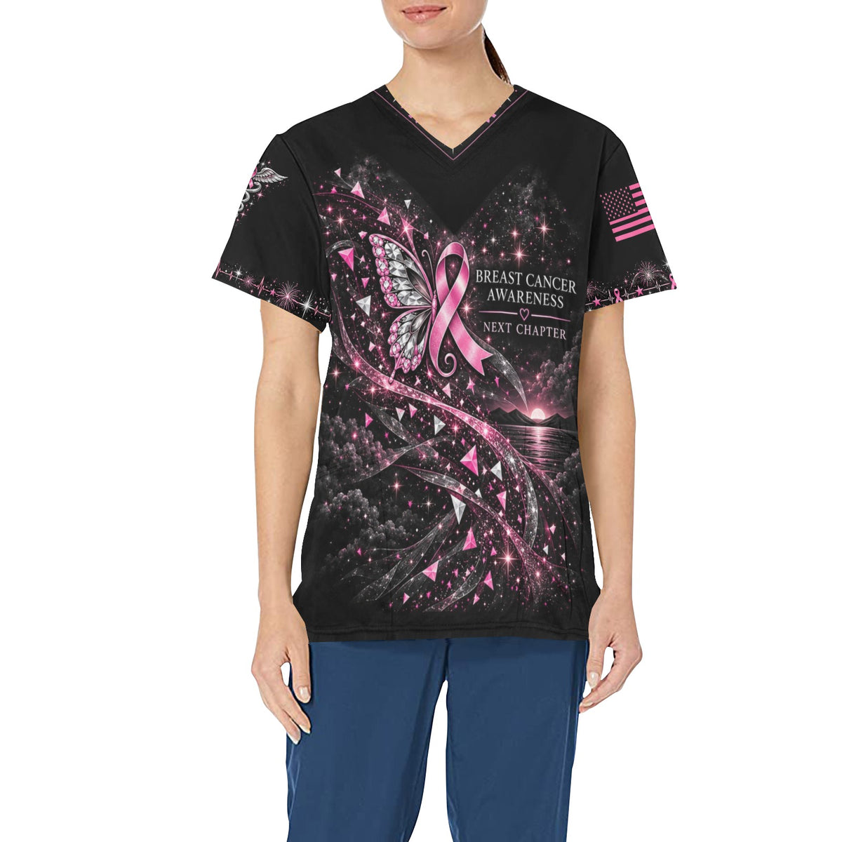 Next Chapter — Breast Cancer Awareness New Year's All-Over Print Scrub Top