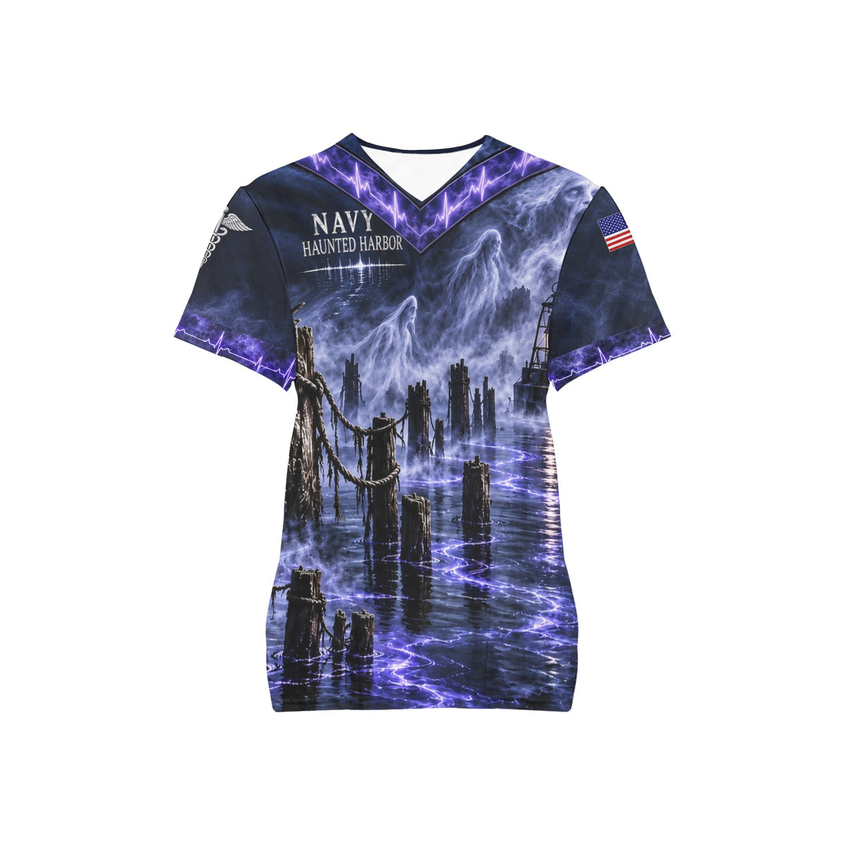 Haunted Harbor — Navy Halloween All-Over Print Scrub Top