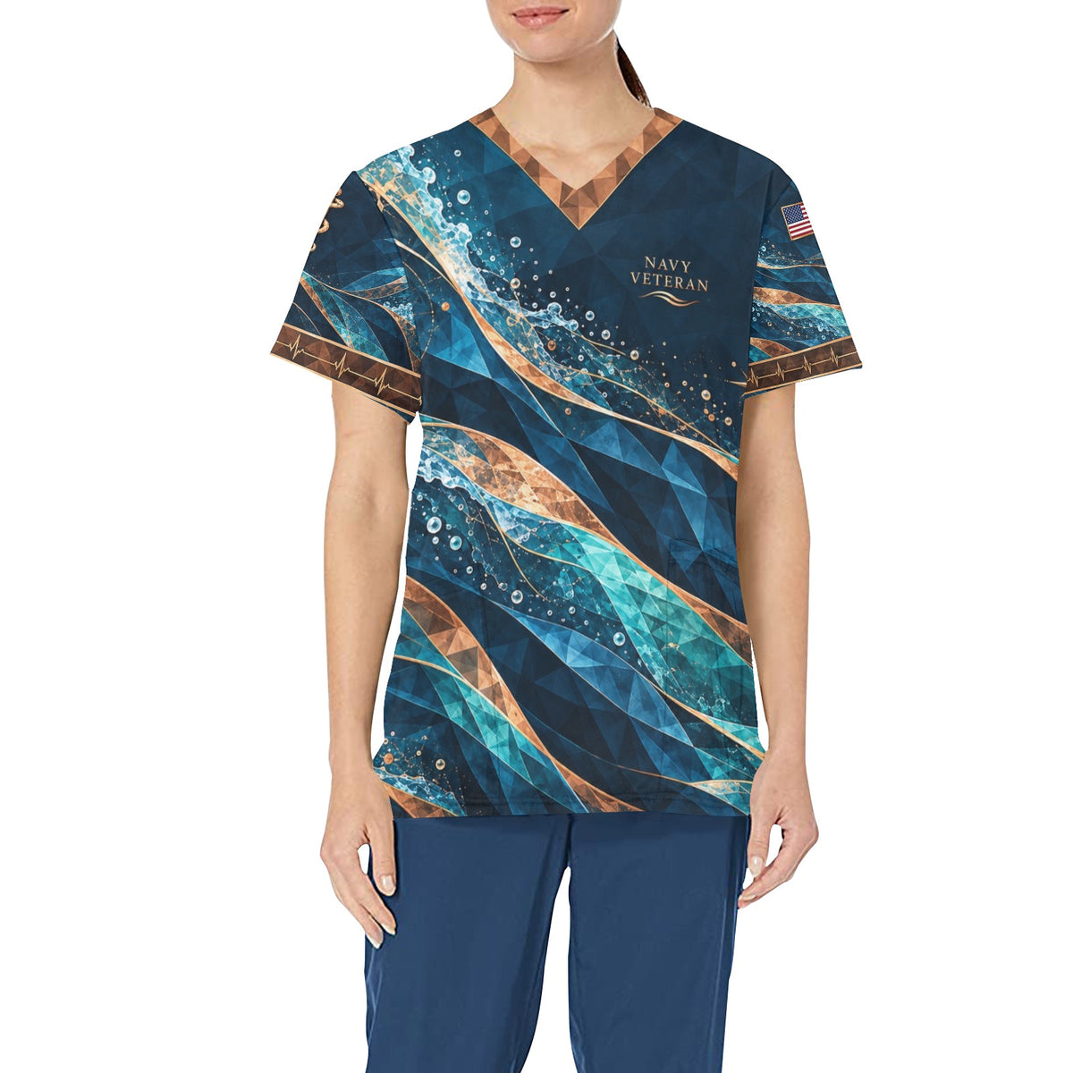 Ocean Resolve — Navy Veteran All-Over Print Scrub Top
