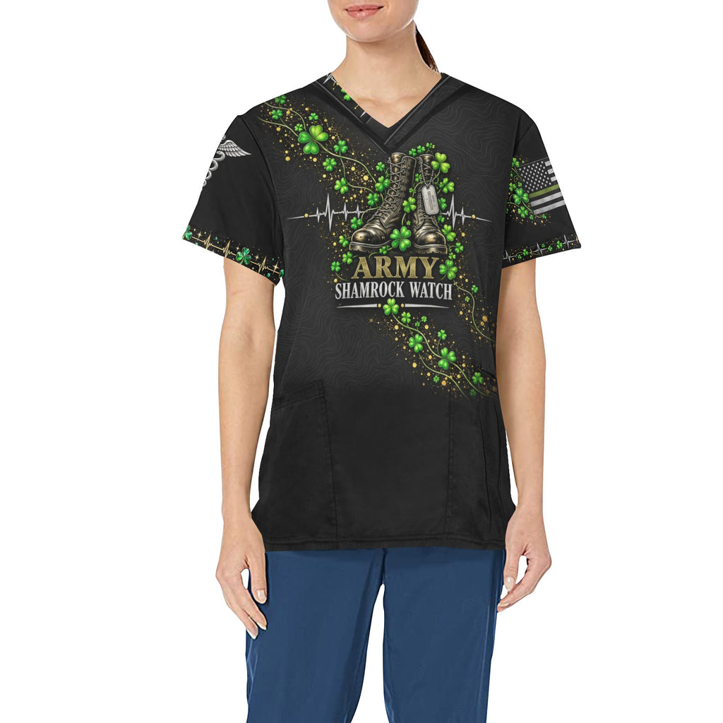 Shamrock Watch — Army St. Patrick's Day All-Over Print Scrub Top