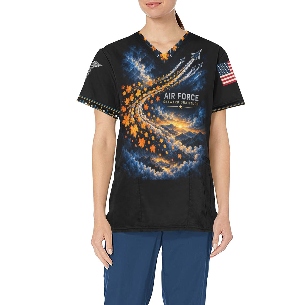 Skyward Gratitude — Air Force Thanksgiving All-Over Print Scrub Top