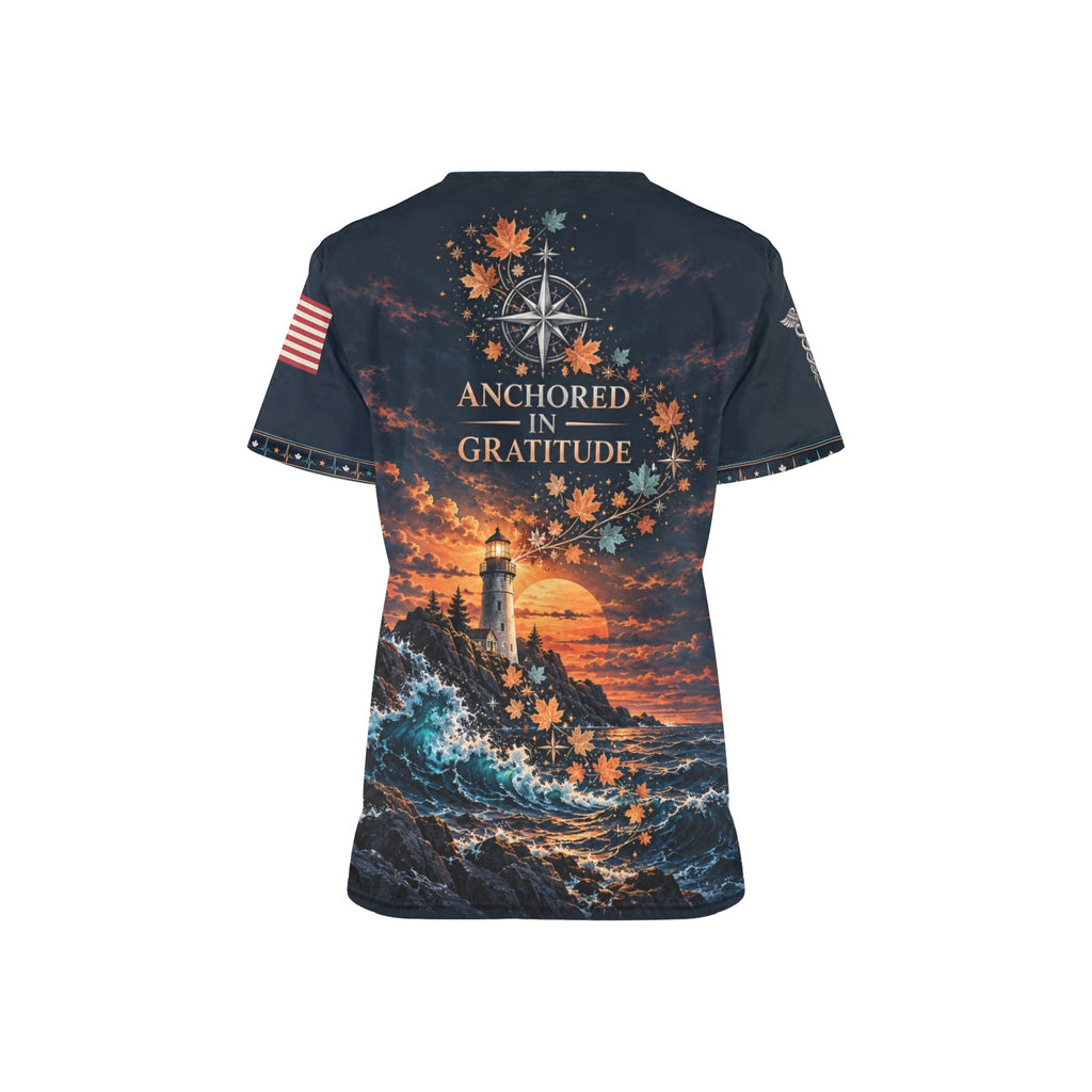 Anchored in Thanks — Navy Thanksgiving All-Over Print Scrub Top