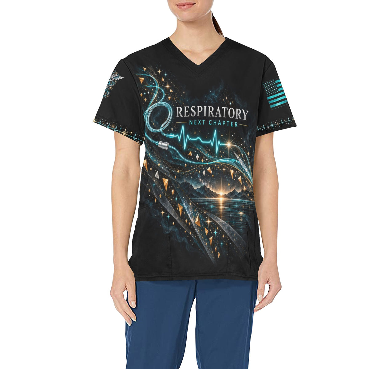 Next Chapter — Respiratory New Year's All-Over Print Scrub Top