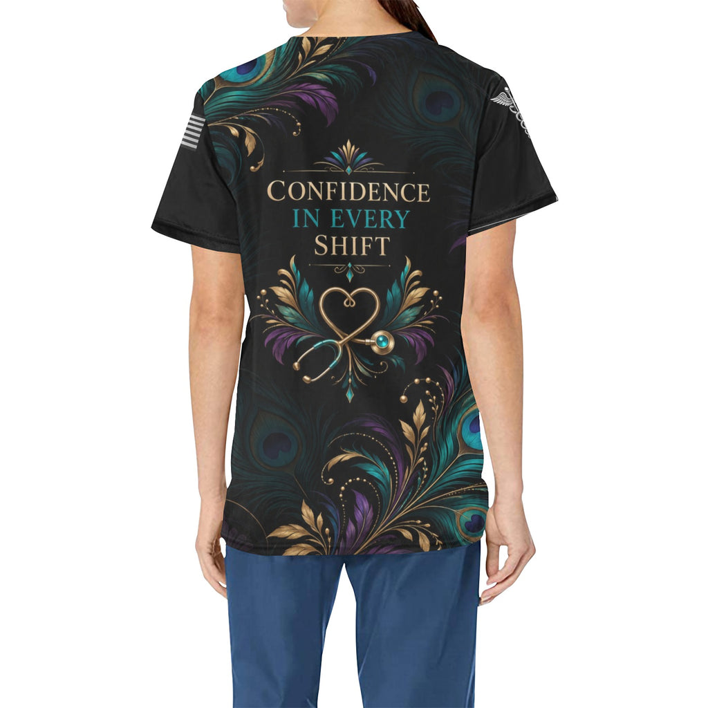 Peacock Shift — Nursing All-Over Print Scrub Top