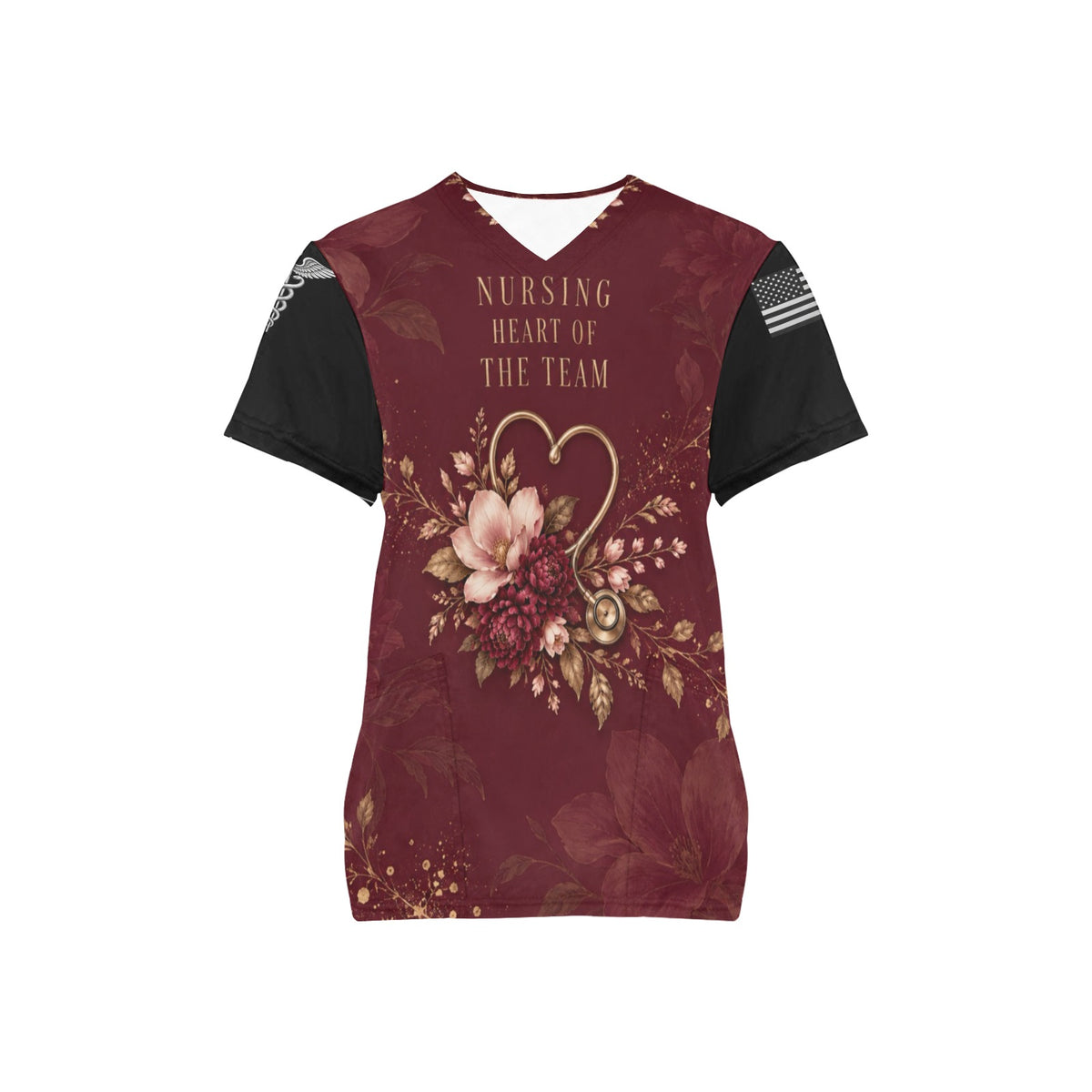 Burgundy Bloom — Nursing All-Over Print Scrub Top