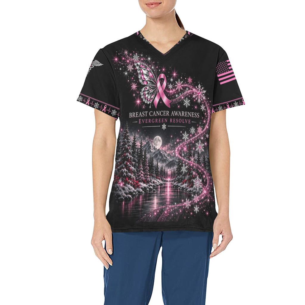 Evergreen Resolve — Breast Cancer Awareness Christmas All-Over Print Scrub Top
