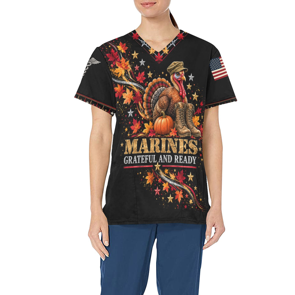 Grateful & Ready — Marine Corps Thanksgiving All-Over Print Scrub Top