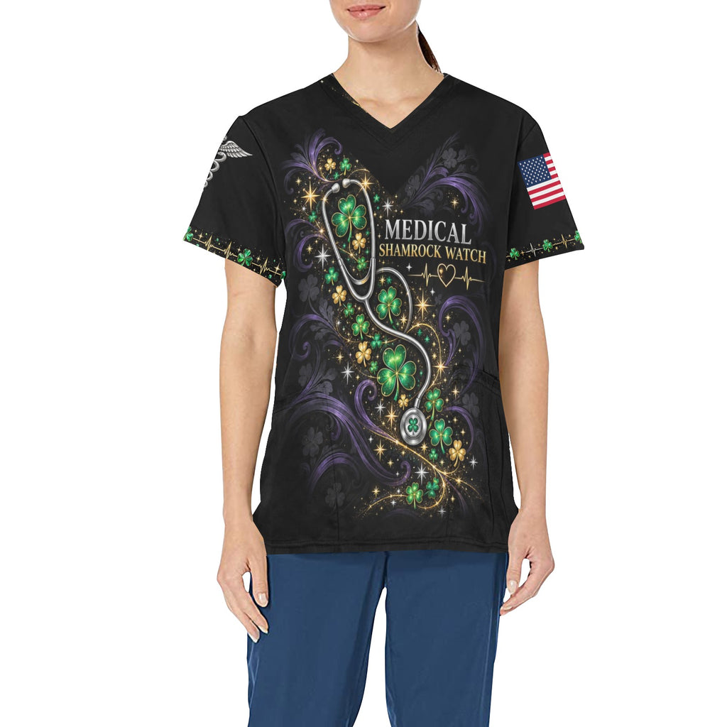 Shamrock Watch — Medical St. Patrick's Day All-Over Print Scrub Top