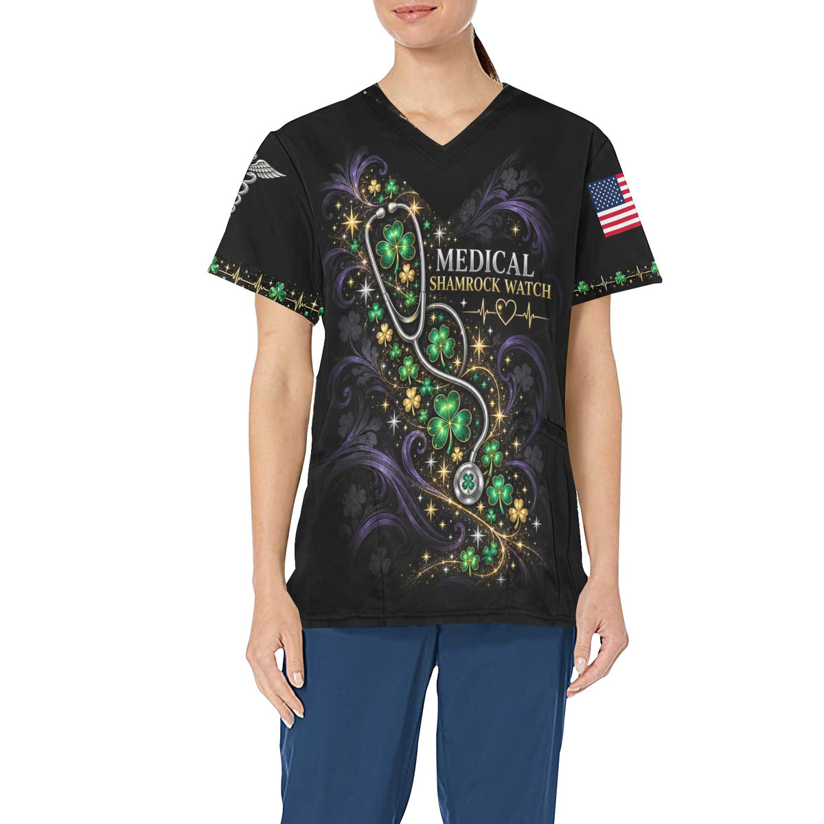 Shamrock Watch — Medical St. Patrick's Day All-Over Print Scrub Top