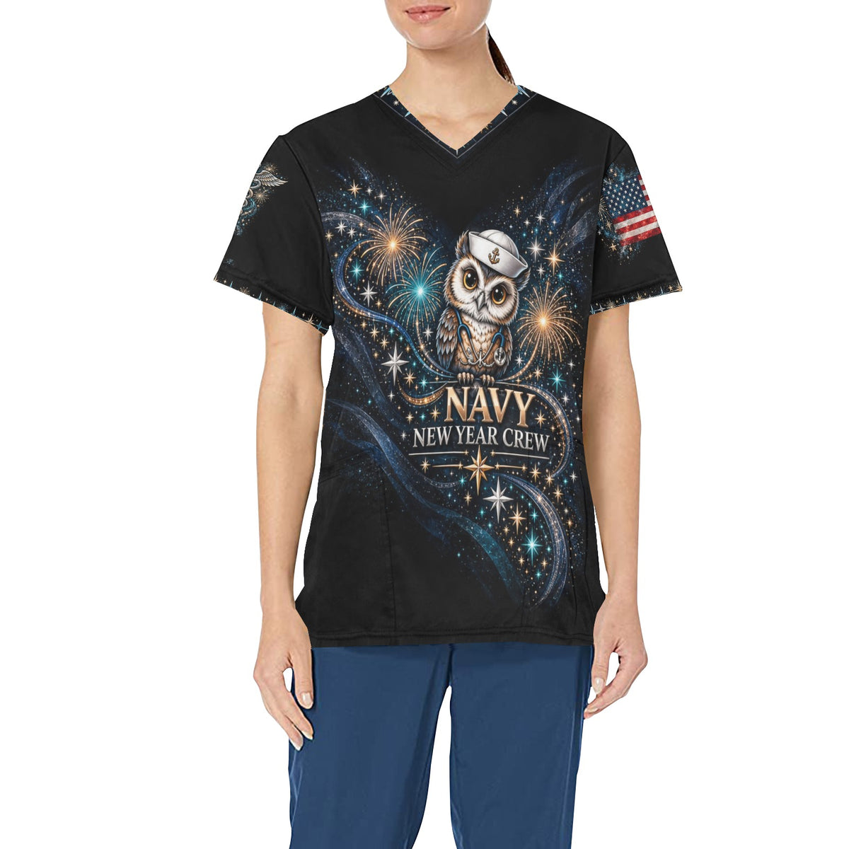 New Year Crew — Navy New Year's All-Over Print Scrub Top