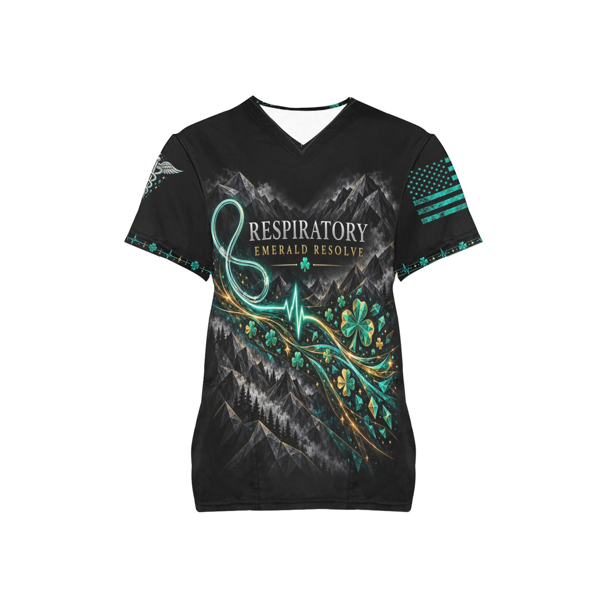 Emerald Resolve — Respiratory St. Patrick's Day All-Over Print Scrub Top