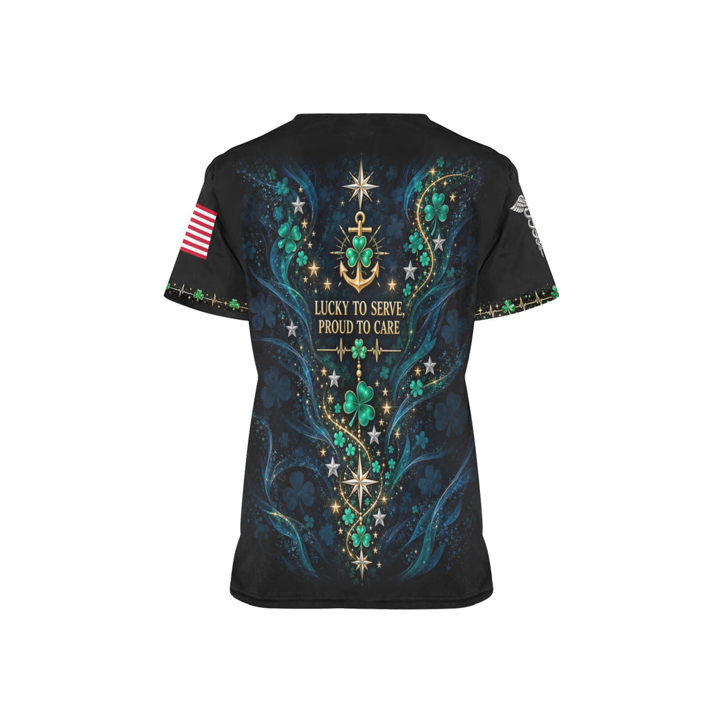 Lucky Duty Crew — Navy St. Patrick's Day All-Over Print Scrub Top