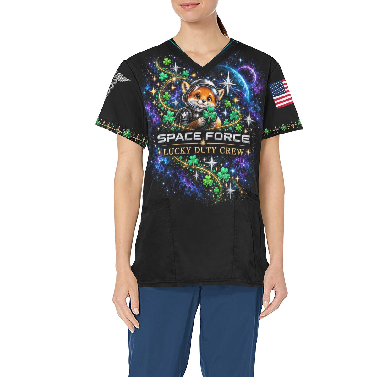 Lucky Duty Crew — Space Force St. Patrick's Day All-Over Print Scrub Top