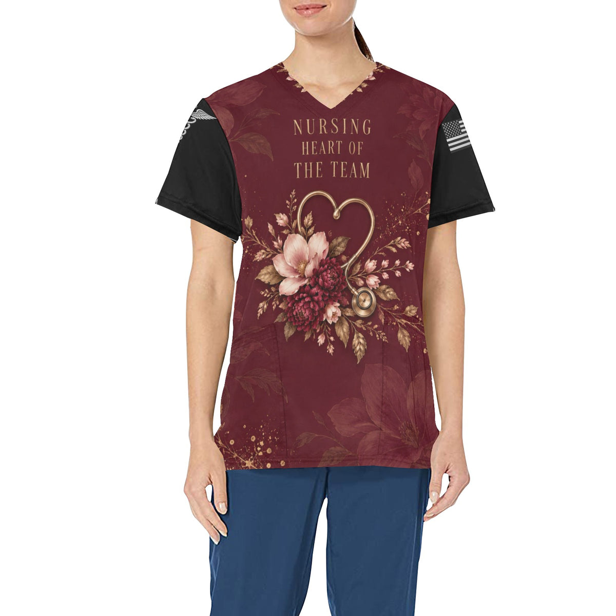 Burgundy Bloom — Nursing All-Over Print Scrub Top