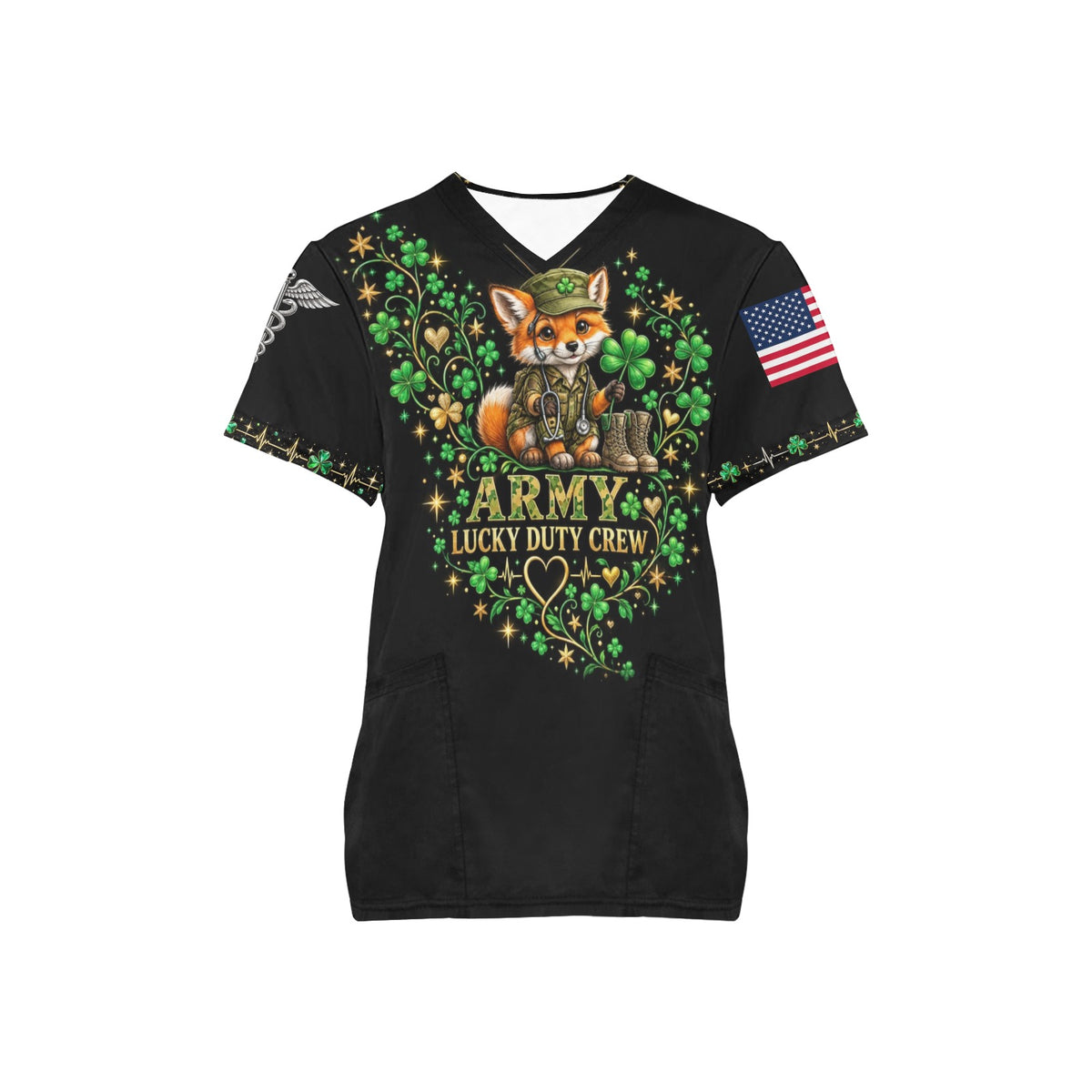 Lucky Duty Crew — Army St. Patrick's Day All-Over Print Scrub Top