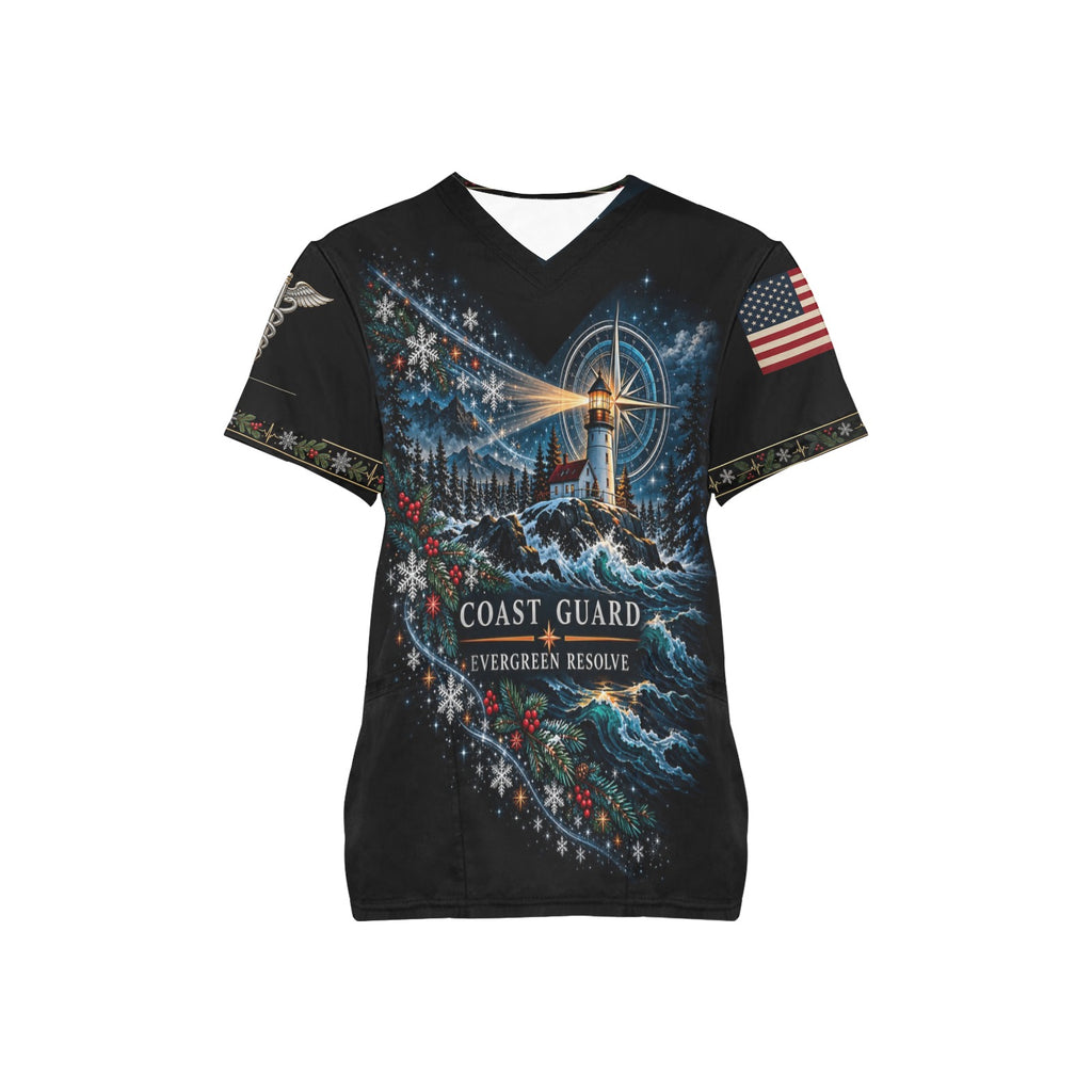 Evergreen Resolve — Coast Guard Christmas All-Over Print Scrub Top