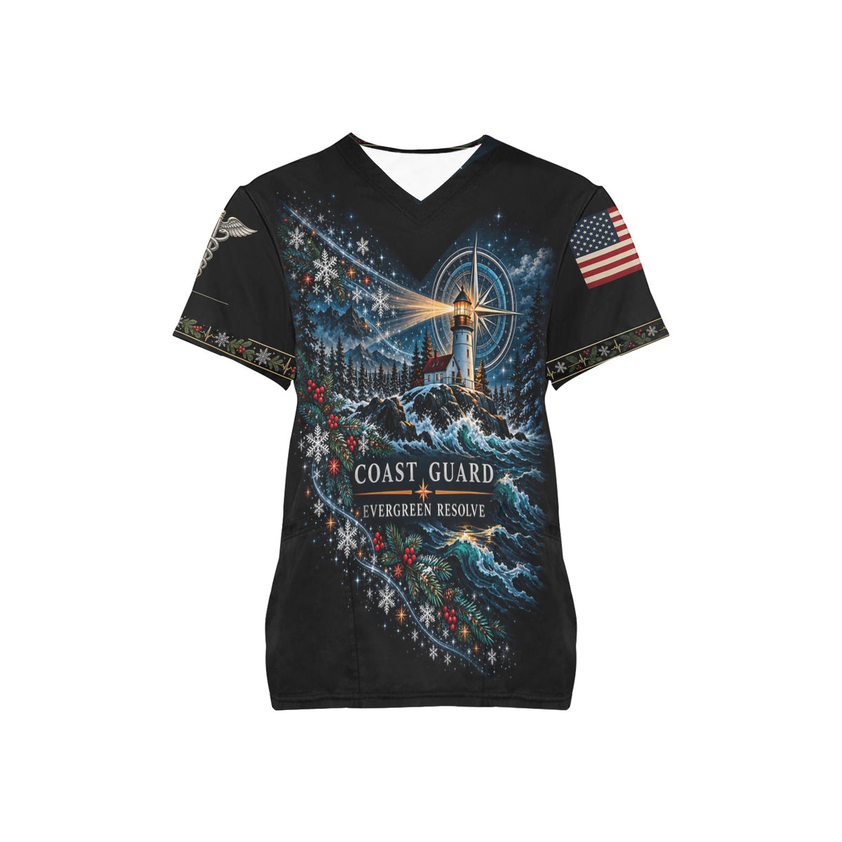 Evergreen Resolve — Coast Guard Christmas All-Over Print Scrub Top