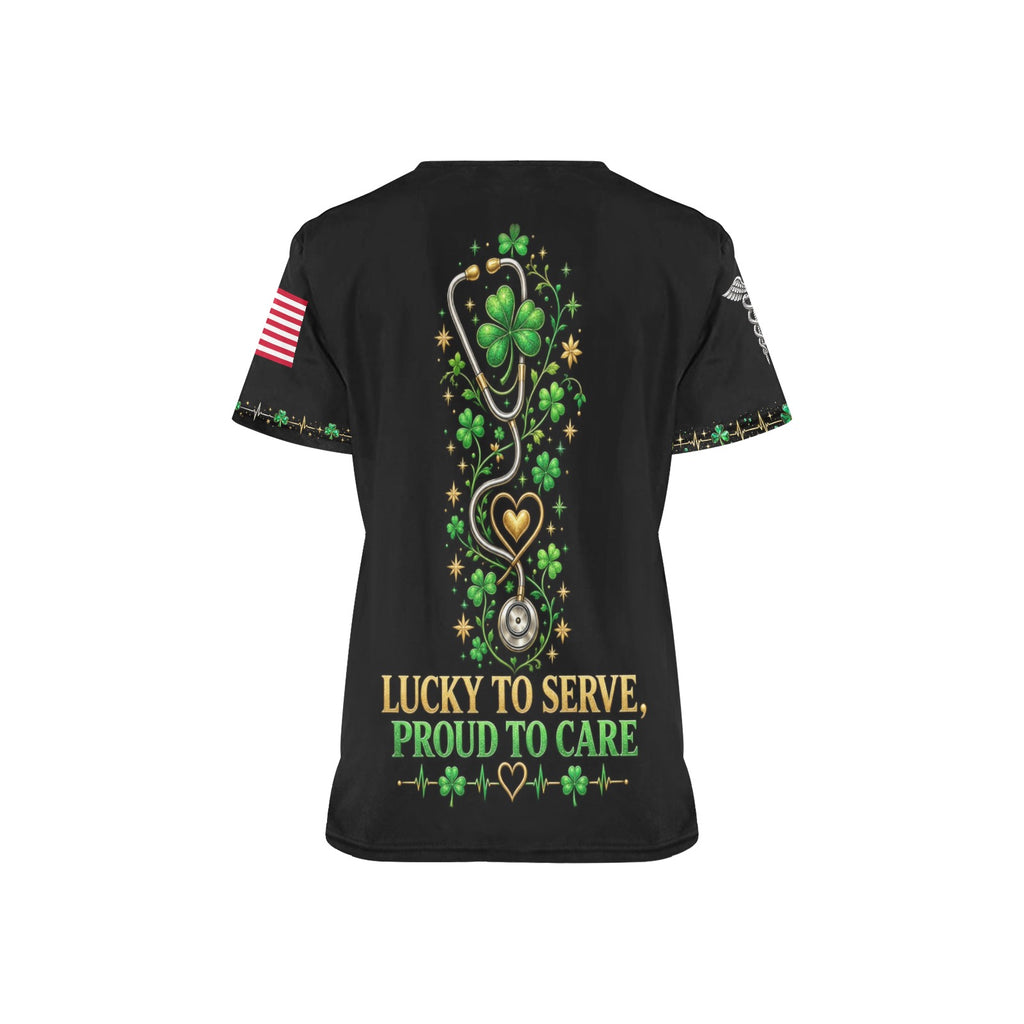 Lucky Duty Crew — Army St. Patrick's Day All-Over Print Scrub Top