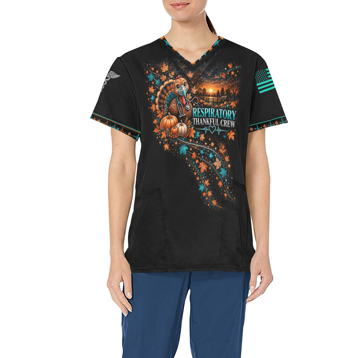 Thankful Crew — Respiratory Thanksgiving All-Over Print Scrub Top