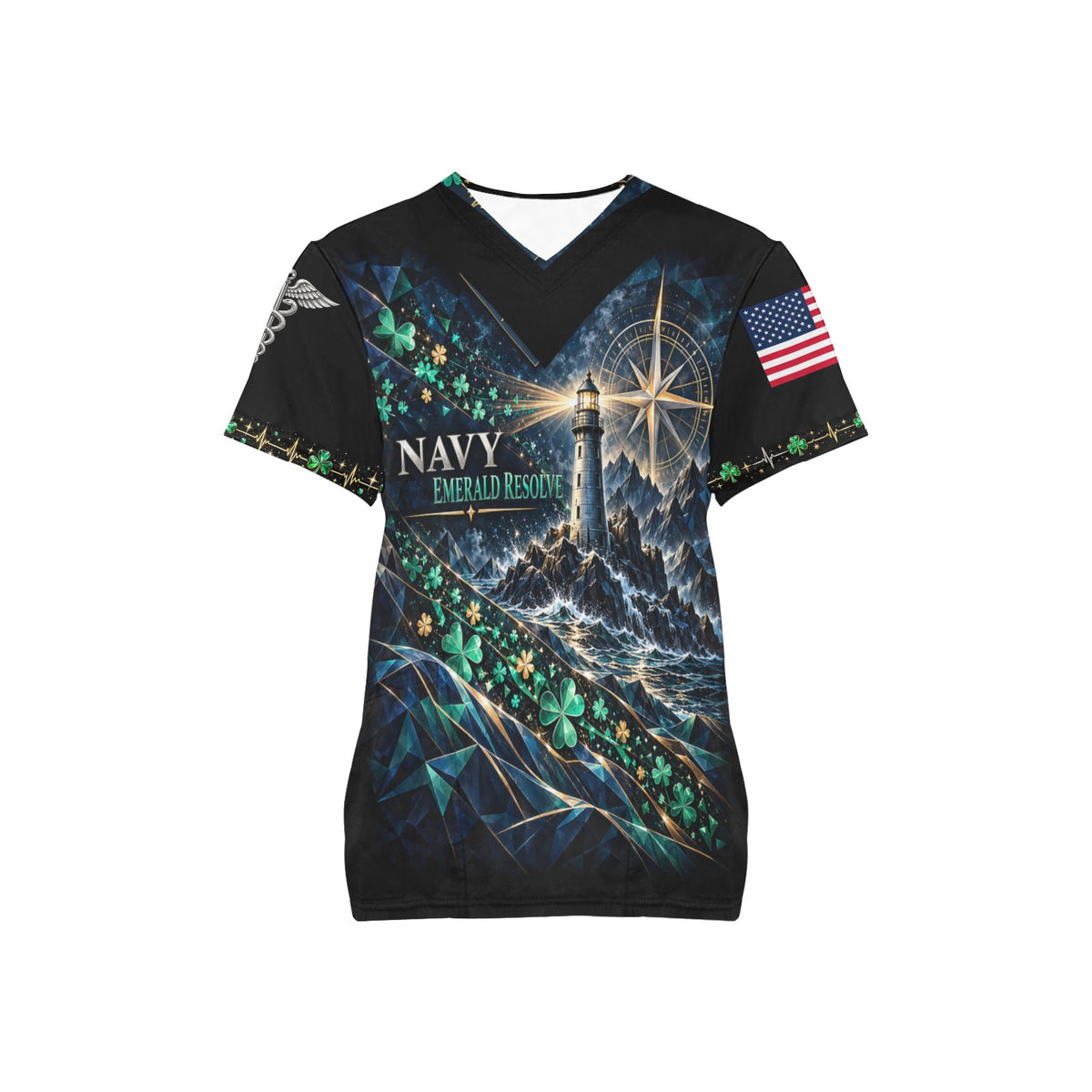 Emerald Resolve — Navy St. Patrick's Day All-Over Print Scrub Top