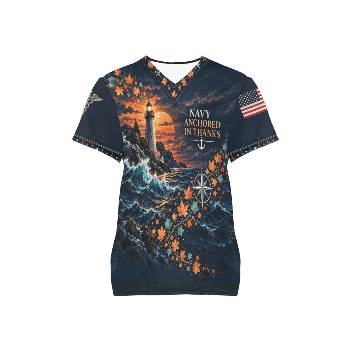 Anchored in Thanks — Navy Thanksgiving All-Over Print Scrub Top