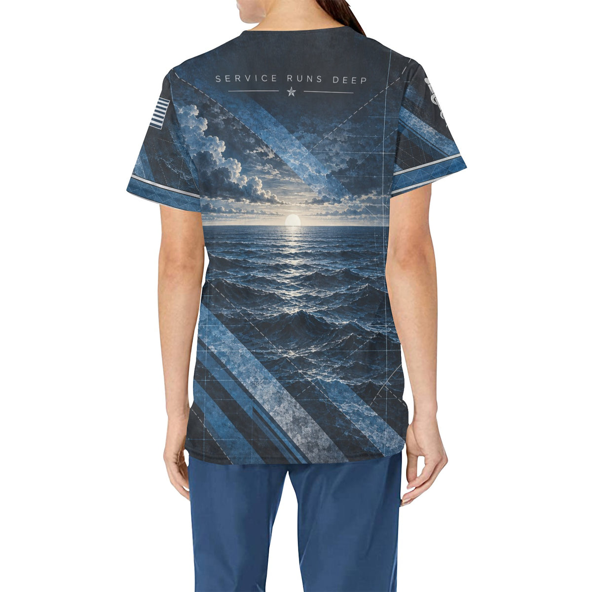 Steel Horizon — Navy Veteran All-Over Print Scrub Top