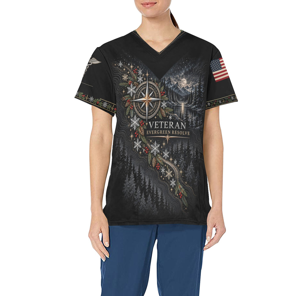 Evergreen Resolve — Veterans Christmas All-Over Print Scrub Top