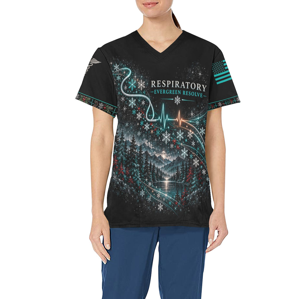 Evergreen Resolve — Respiratory Christmas All-Over Print Scrub Top