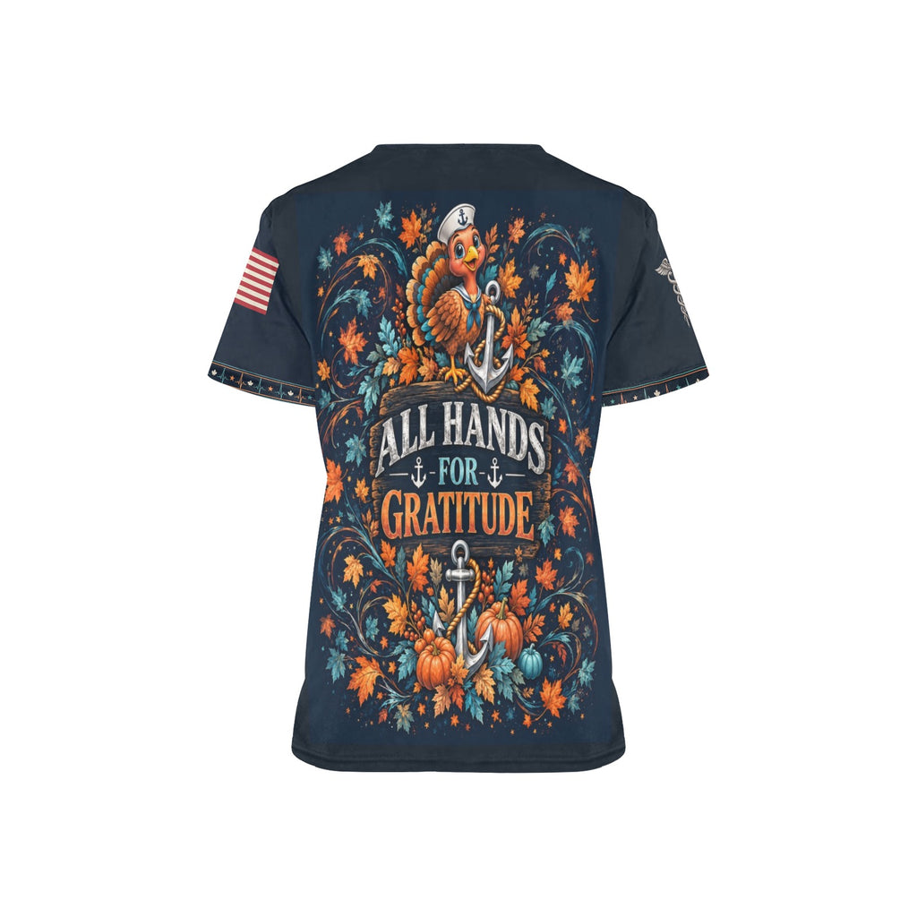 Thankful Crew — Navy Thanksgiving All-Over Print Scrub Top