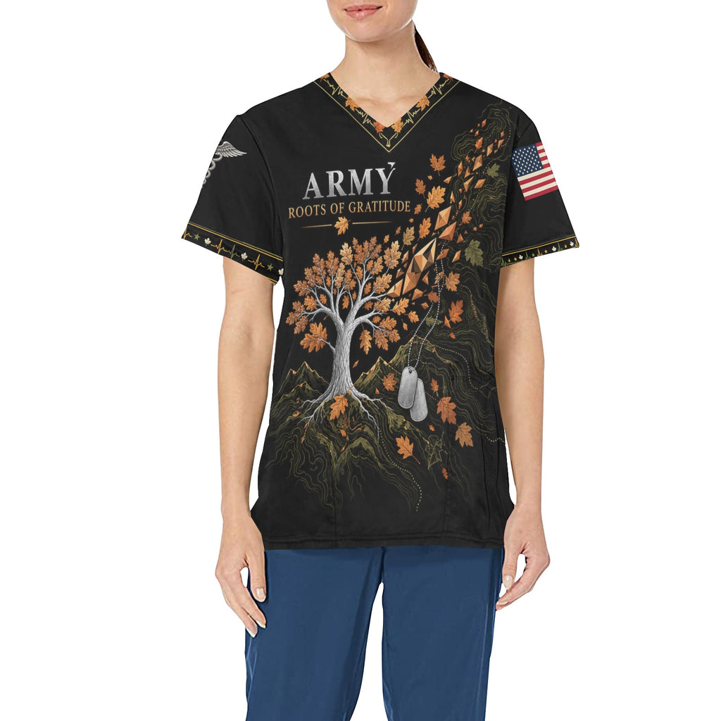 Roots of Gratitude — Army Thanksgiving All-Over Print Scrub Top