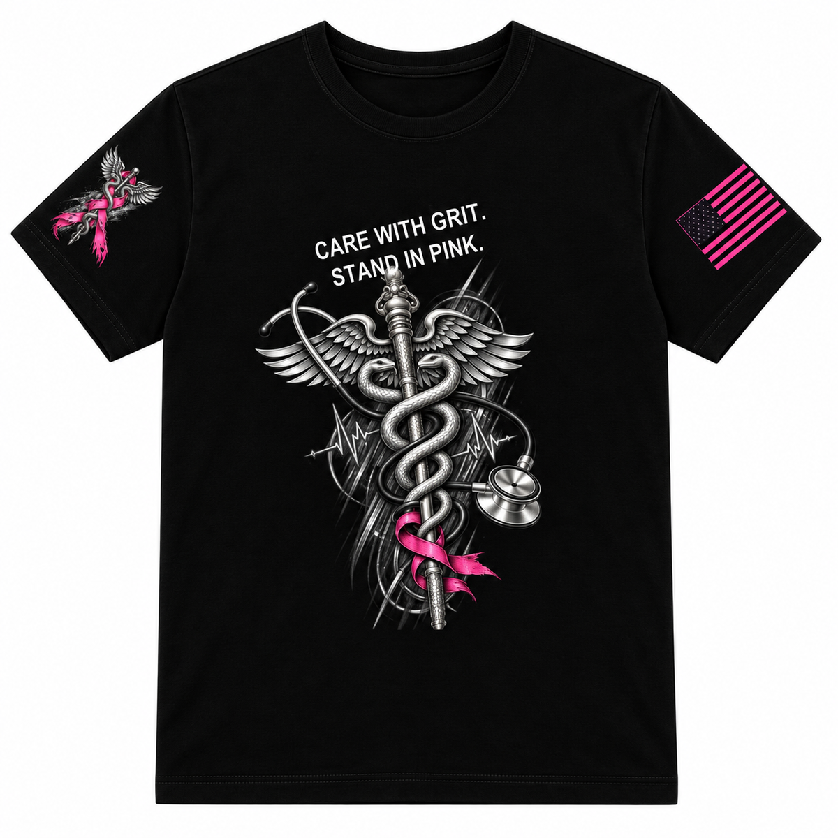 Combined front preview showing wearer-right pink-ribbon caduceus and wearer-left pink-and-black flag; see separate front, back, and sleeve detail images.