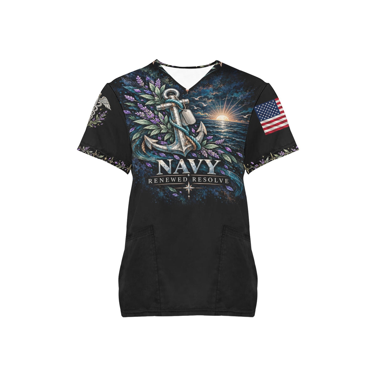 Renewed Resolve — Navy Easter All-Over Print Scrub Top