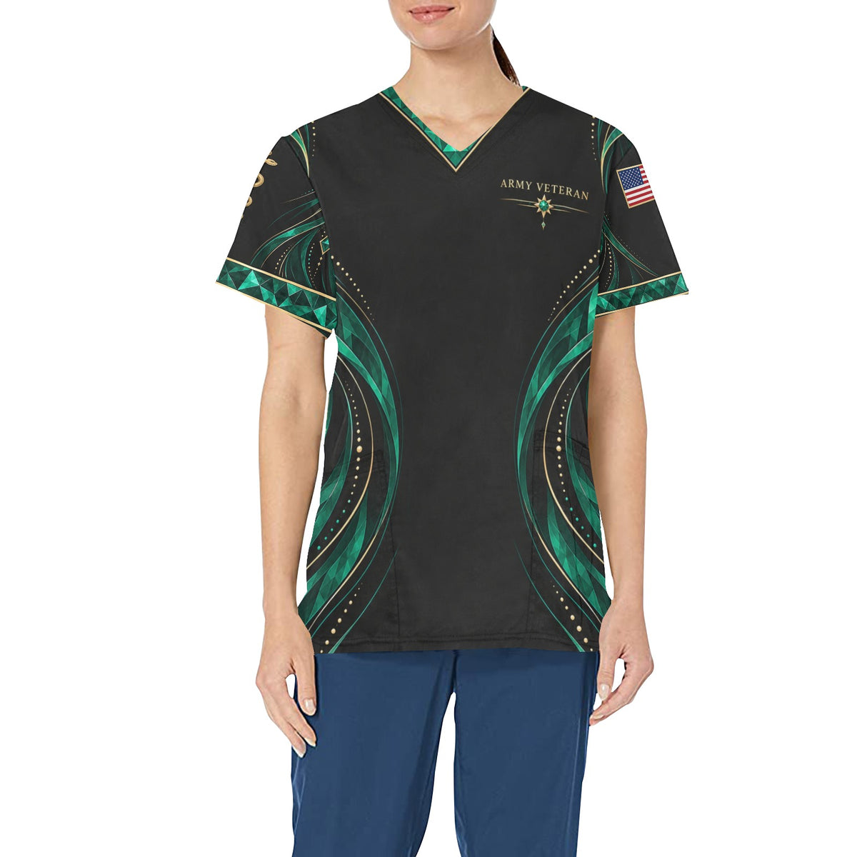 Emerald Valor — Army Veteran All-Over Print Scrub Top