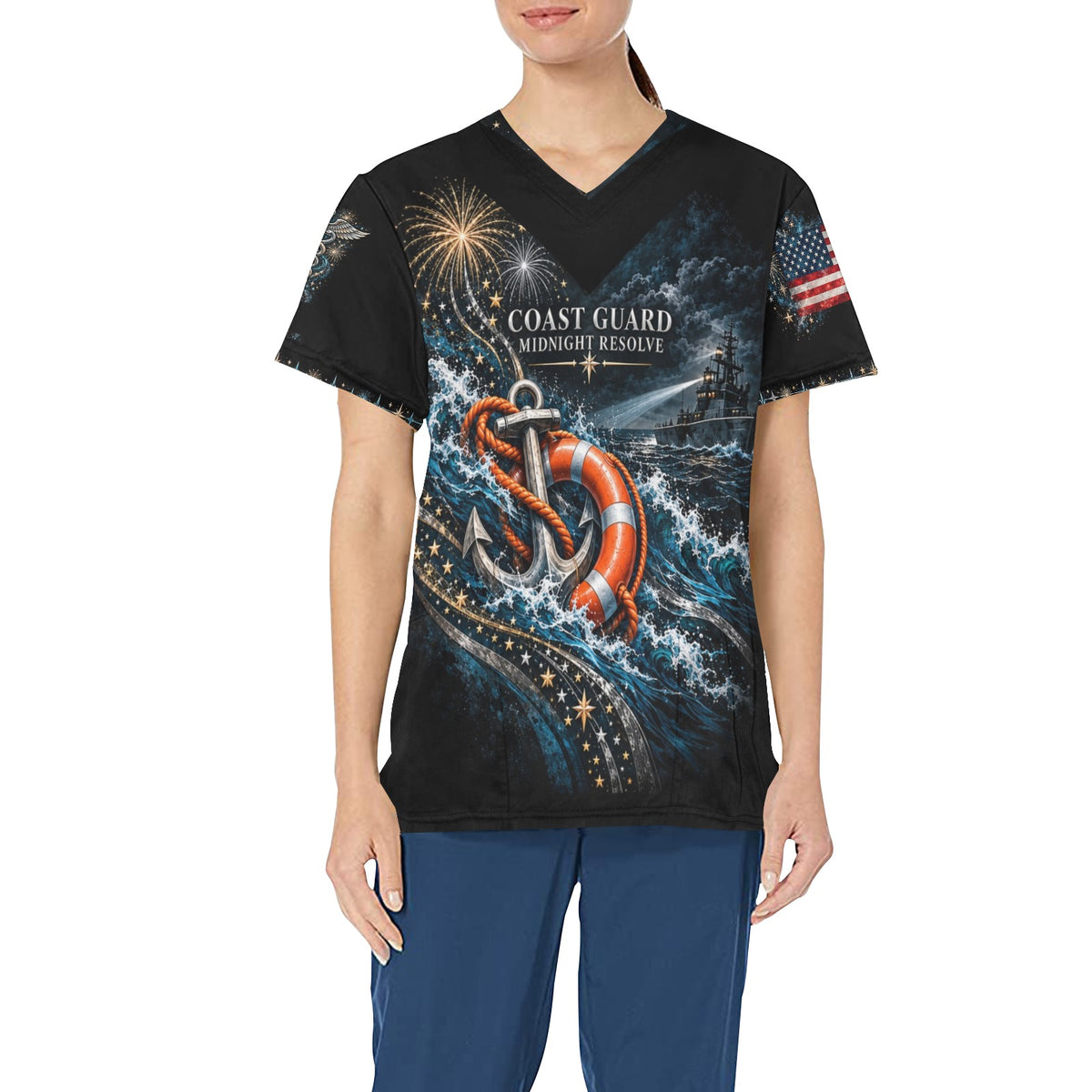 Midnight Resolve — Coast Guard New Year's All-Over Print Scrub Top