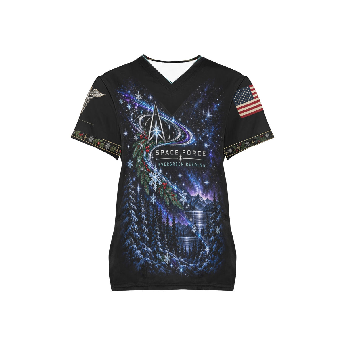 Evergreen Resolve — Space Force Christmas All-Over Print Scrub Top