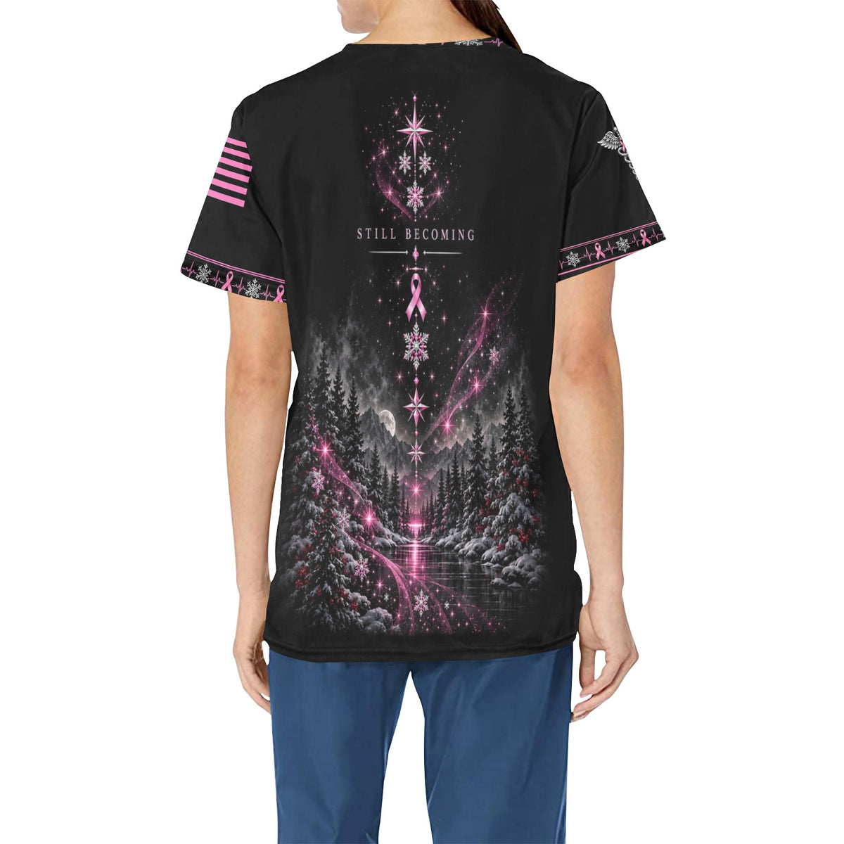 Evergreen Resolve — Breast Cancer Awareness Christmas All-Over Print Scrub Top