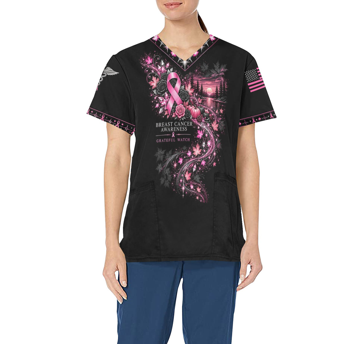 Grateful Watch — Breast Cancer Awareness Thanksgiving All-Over Print Scrub Top