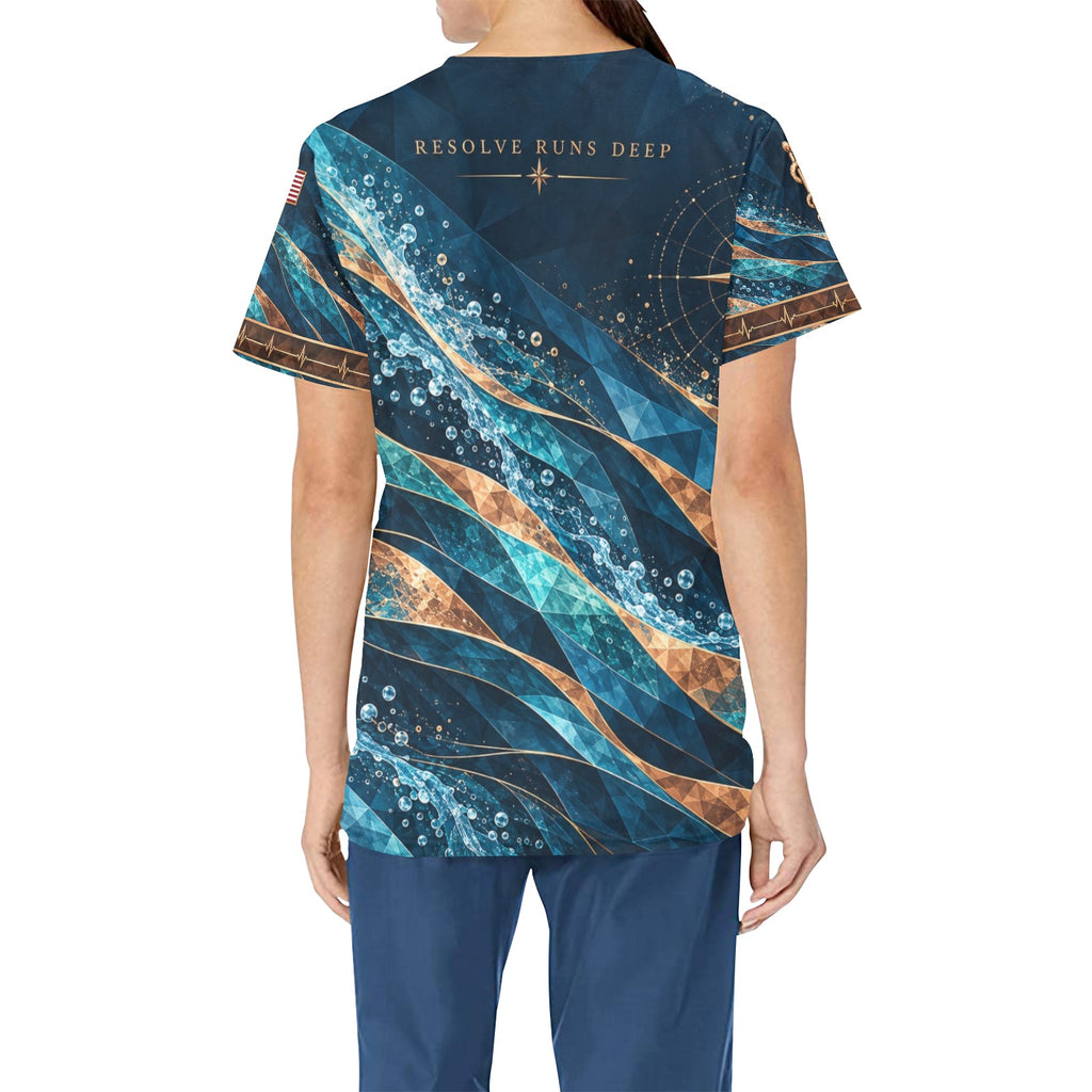 Ocean Resolve — Navy Veteran All-Over Print Scrub Top