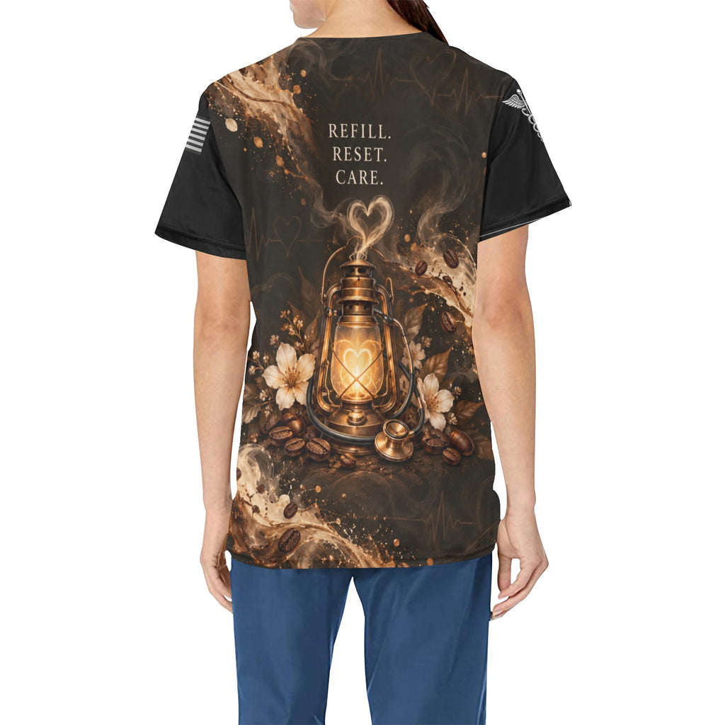 Caffeine & Compassion — Nursing All-Over Print Scrub Top