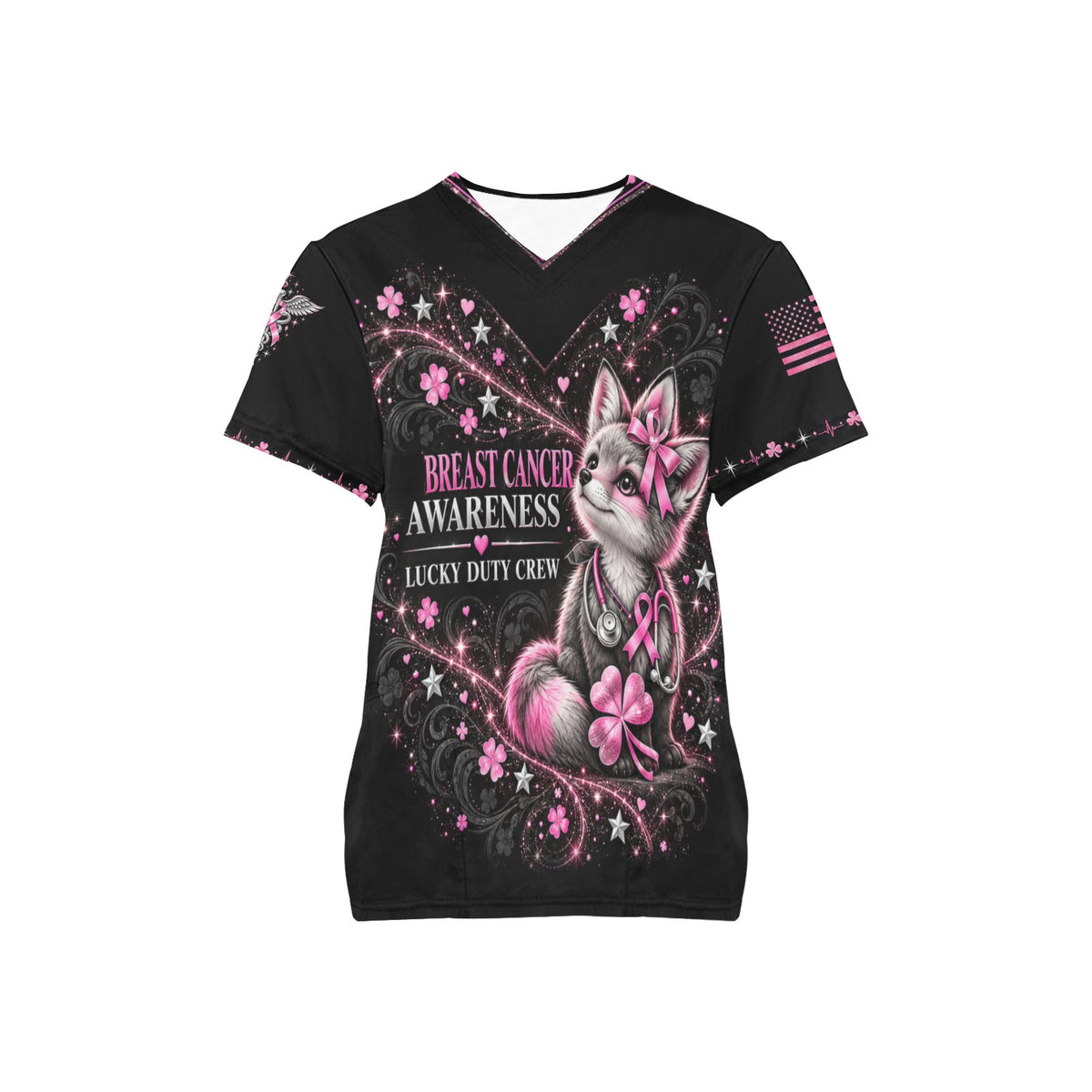 Lucky Duty Crew — Breast Cancer Awareness St. Patrick's Day All-Over Print Scrub Top