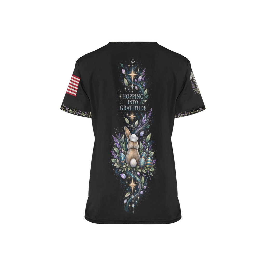 Spring Duty Crew — Navy Easter All-Over Print Scrub Top