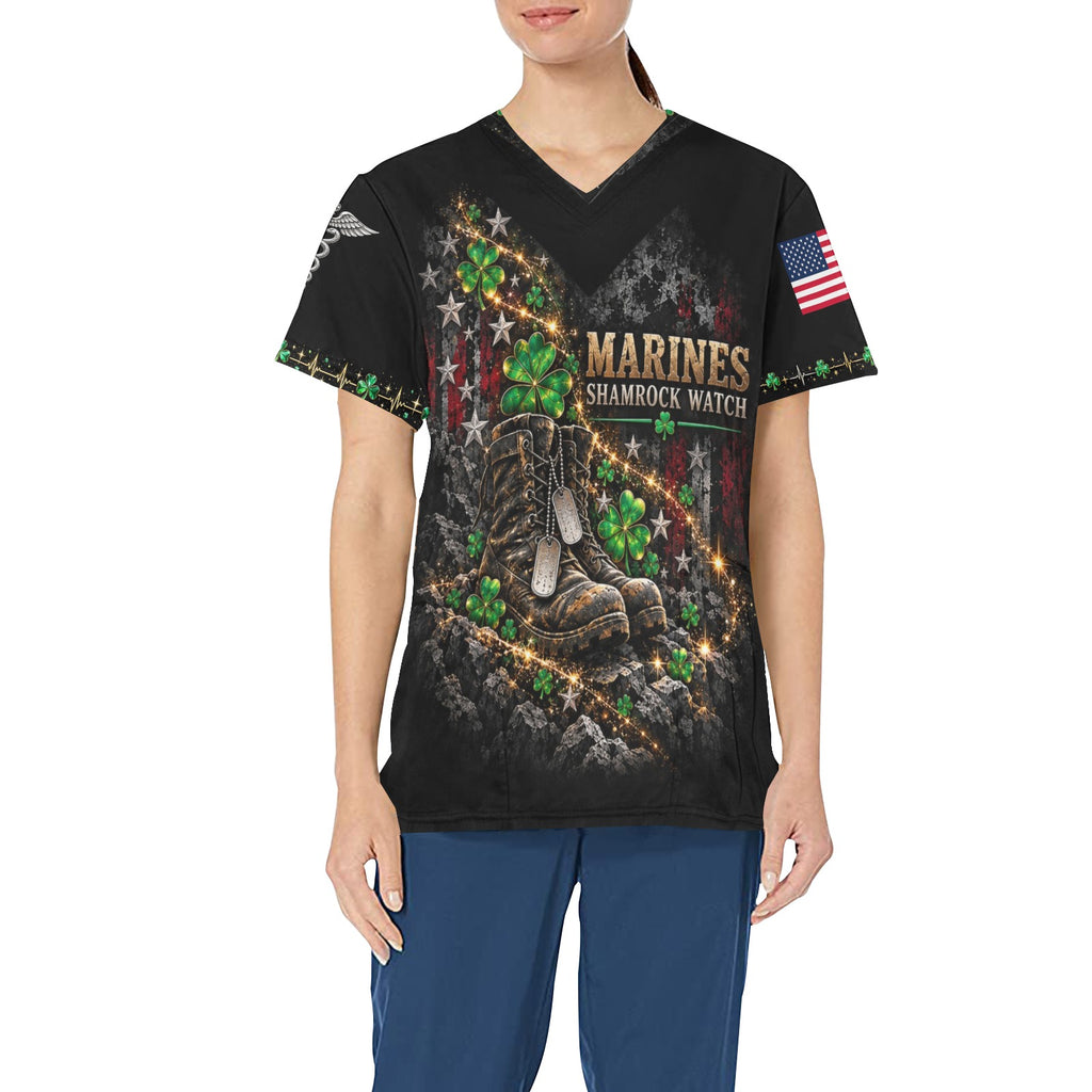 Shamrock Watch — Marine Corps St. Patrick's Day All-Over Print Scrub Top