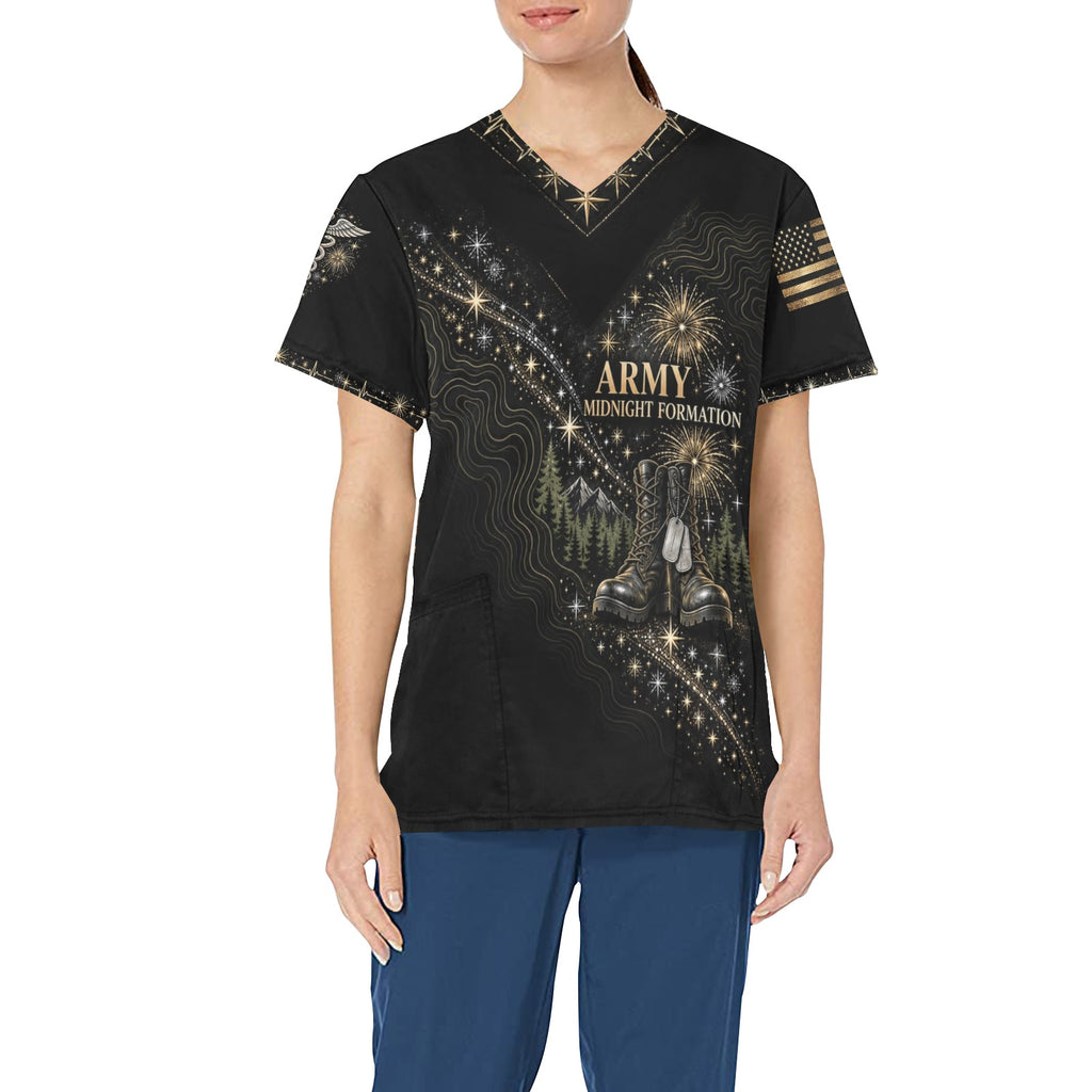 Midnight Formation — Army New Year's All-Over Print Scrub Top