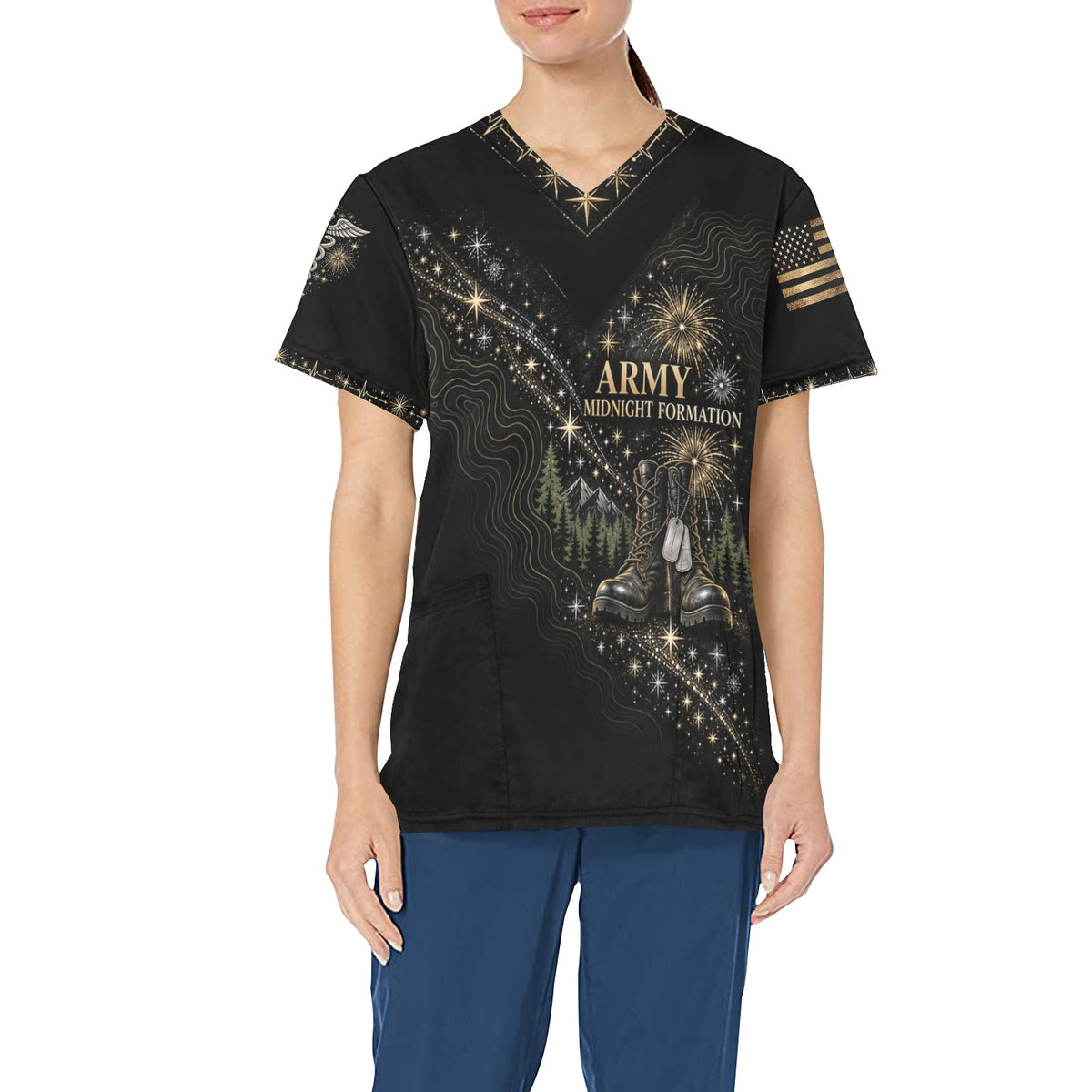 Midnight Formation — Army New Year's All-Over Print Scrub Top
