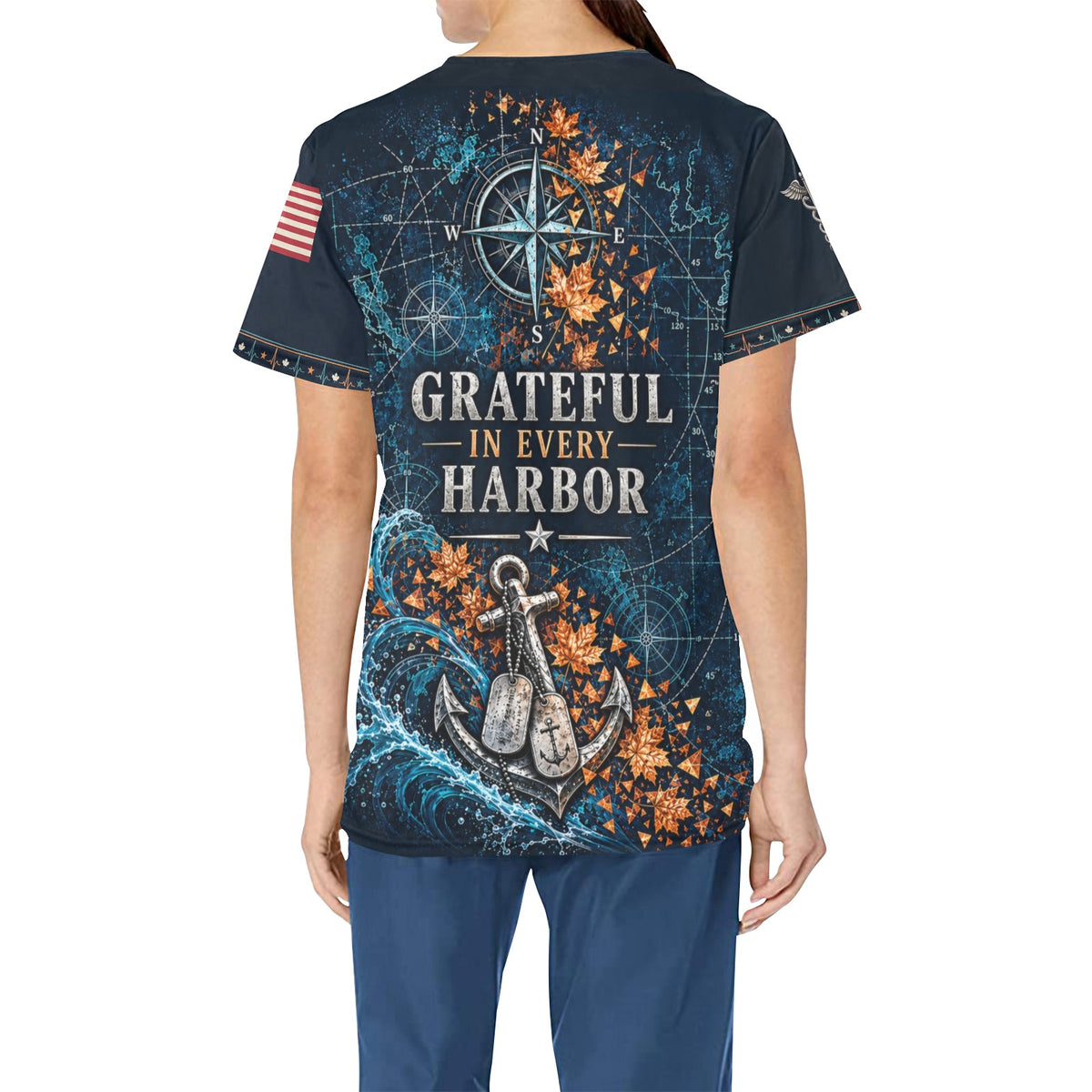 Harvest on Watch — Navy Thanksgiving All-Over Print Scrub Top