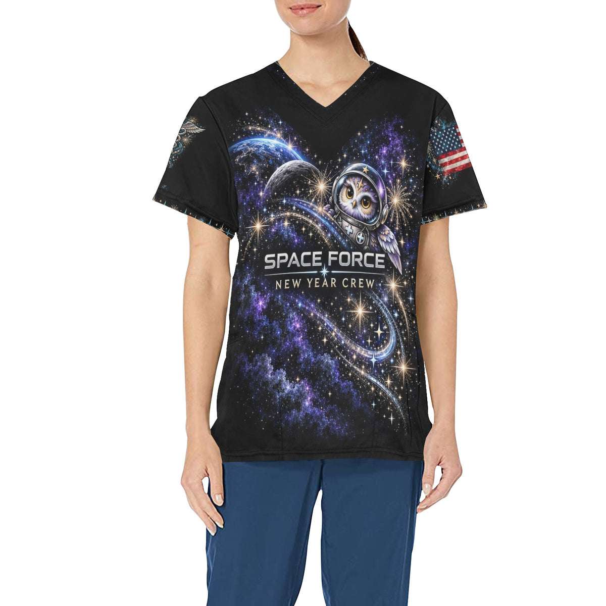 New Year Crew — Space Force New Year's All-Over Print Scrub Top