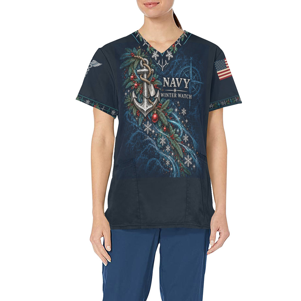 Winter Watch — Navy Christmas All-Over Print Scrub Top